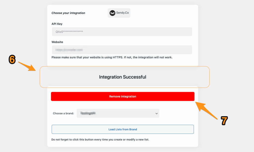 sendy integration successful message