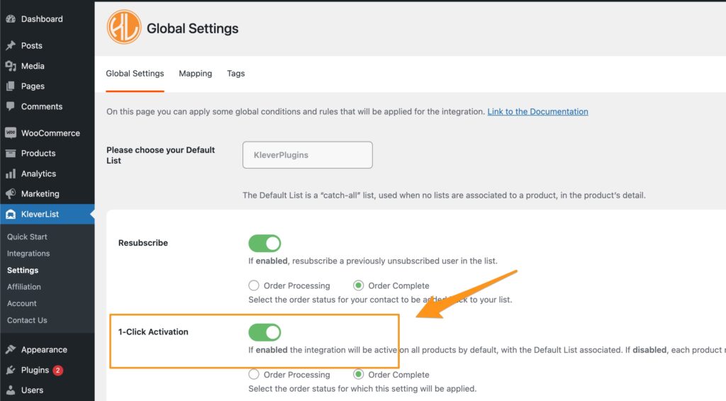 1-click activation on global settings