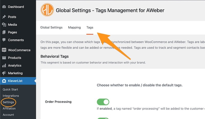 AWeber Tags settings